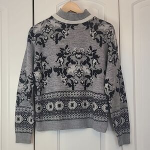 Diane VonFurstenberg Sweater Ski Double Mock Neck Knit Floral Gray Black Sz. S/M